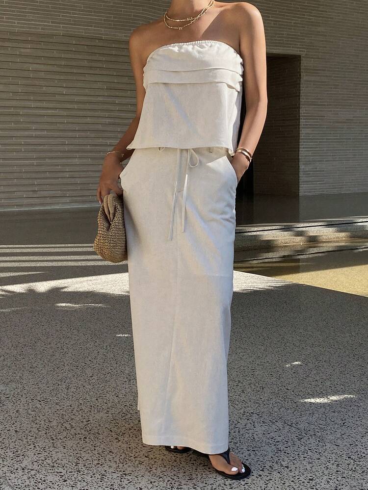 2pcs Women's Solid Color Fitted Pleated Bandeau A-Line Skirt Elegant Resort Wear Set, Spring/Summer