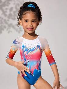 Young Girls' Gymnastics Leotard, Professional Sports Gymnastics Dance Mesh Sleeve High Stretch Breathable Purple Sparkly Pattern Rhinestone Bodysuit - Multicolor - View 6
