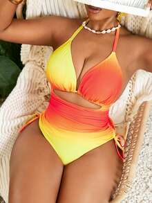 Slaydiva 2026新款加大码露背吊带渐变日落色深V侧边抽绳连体泳衣，适合海滩、度假村、水疗中心。橙色系彩色泳衣，沙滩装，连体泳衣，多色黄色吊带镂空连体泳衣，亮色连体泳衣，女士泳装，彩色泳衣，渐变色泳衣。 - 橘色 - 查看 1