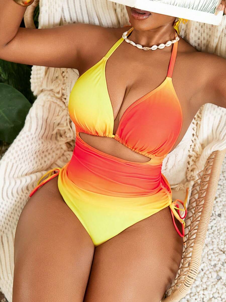 Slaydiva 2026新款加大码露背吊带渐变日落色深V侧边抽绳连体泳衣，适合海滩、度假村、水疗中心。橙色系彩色泳衣，沙滩装，连体泳衣，多色黄色吊带镂空连体泳衣，亮色连体泳衣，女士泳装，彩色泳衣，渐变色泳衣。 - 橘色 - 查看 1