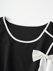 Franclia 女士优雅撞色滚边蝴蝶结领短袖上衣，配有可调节松紧腰带，百搭黑白撞色衬衫，适合办公室和休闲场合穿着。 - 黑與白 - 查看 6