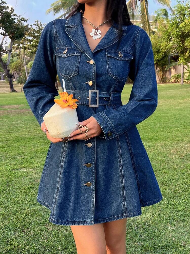 Women's Collared Pocket Cinched Waist Waist Short Casual Denim Dress