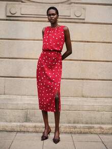 Lumivelle 女士时尚情人节系列心形印花前开衩连衣裙 - 紅白色 - 查看 4