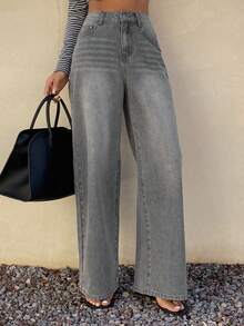 Livesso Women's Casual High Waist Loose Fit Wide Leg Washed Denim Jeans, Versatile For Daily Commute - Grey - View 3