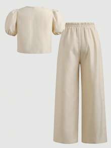 SHEIN Tween Girl Casual Striped Puff Sleeve Button-Up Top And Wide Leg Pants Set, Spring/Summer - Apricot - View 5