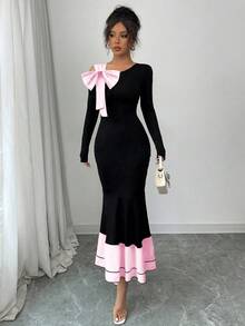 Elenzga Women's Contrast Color Bow Tie Long Sleeve Dress - Pink - View 3