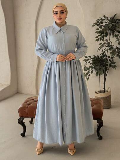 Dazy Plus Plus Size Women's Solid Color Lapel Blue Shirt Dress, Waist Cinched, Slimming, Long, Suitable For Commuting, Spring & Autumn Sundress
