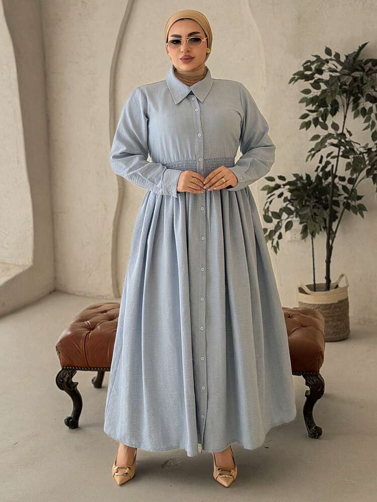 Dazy Plus Plus Size Women's Solid Color Lapel Blue Shirt Dress, Waist Cinched, Slimming, Long, Suitable For Commuting, Spring & Autumn Sundress