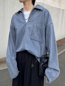 FRIFUL 女士落肩长袖口袋设计宽松休闲牛仔衬衫 - 藍色 - 查看 6