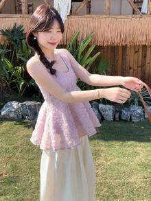 DAZY Women's Korean Style Textured Sleeveless Shirt & Loose Fit Pants 2 Pieces Set - Pink - View 3