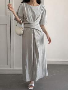 Livesso Đầm midi cổ tròn tối giản màu trơn dành cho nữ, đầm mùa hè mặc thường ngày thoải mái. - Xám - Xem 5