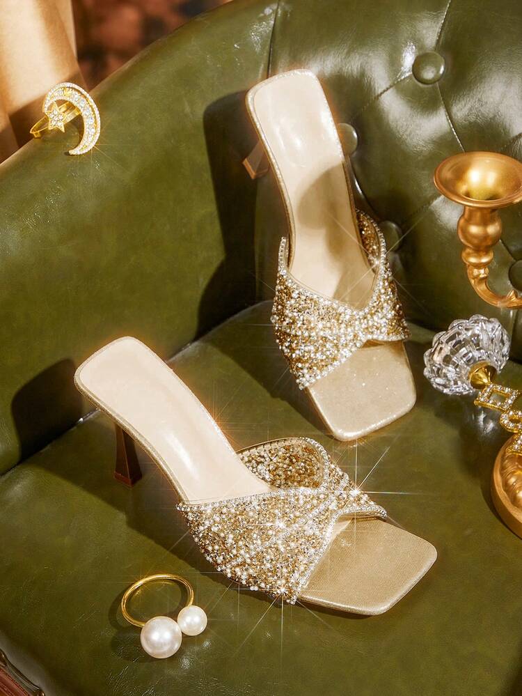 CUCCOO TILAWA Women Shoes Fashion Square Toe Slender Heel Orange Full Diamond Rhinestone Open Toe Transparent Film Full Diamond Slip-On With Skirt Fashion Gorgeous Sexy Party Ladies High Heel Sandals