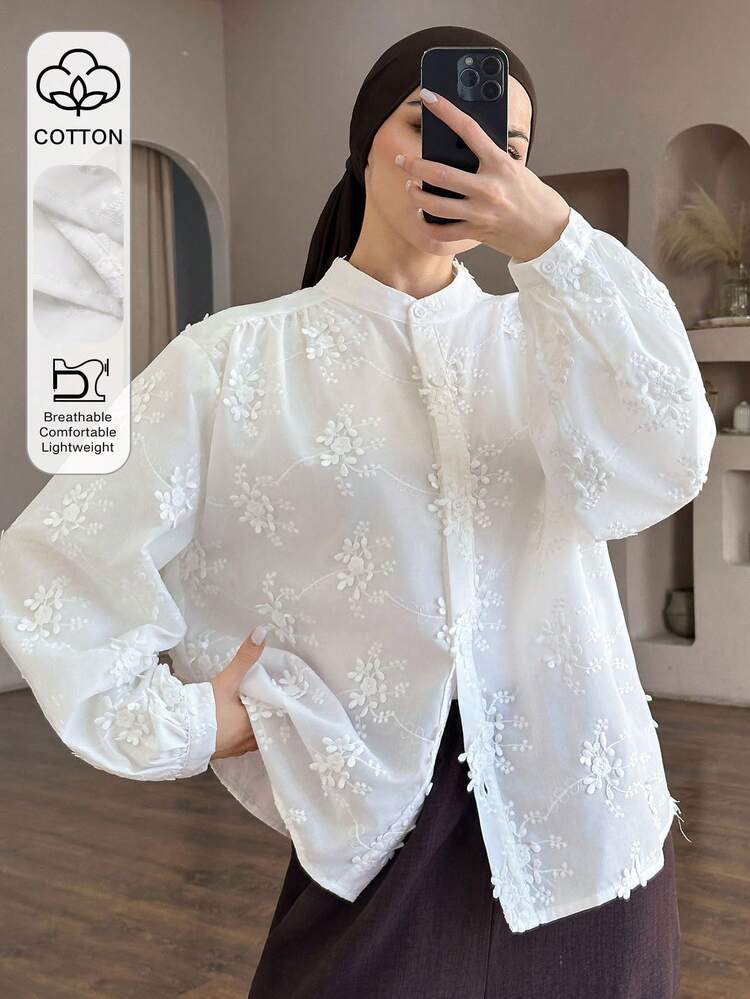 Textured Fabric Casual Loose Fit Women Blouse With Stand Collar