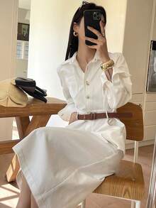 DAZY 春季女士休闲白色口袋翻领系带中长连衣裙 - 白色 - 查看 7