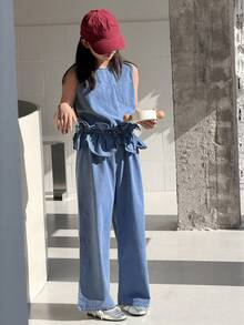 DAZY Tween Girl Casual Vacation Style Fashion Street Peplum Waist Sleeveless Denim Jumpsuit, Spring/Summer - Blue - View 2