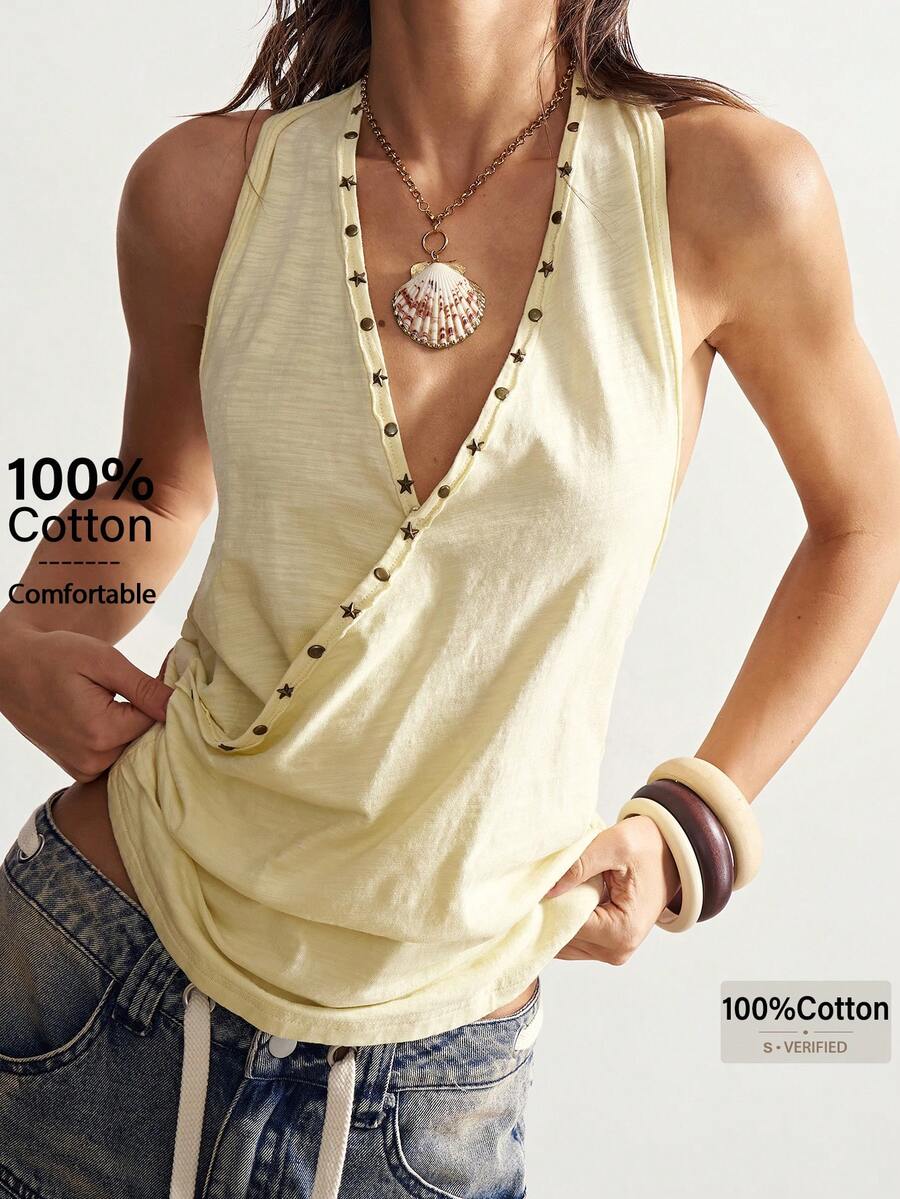 Bohemela 女士休闲纯色V领针织吊带衫 - 鵝黃色 - 查看 1