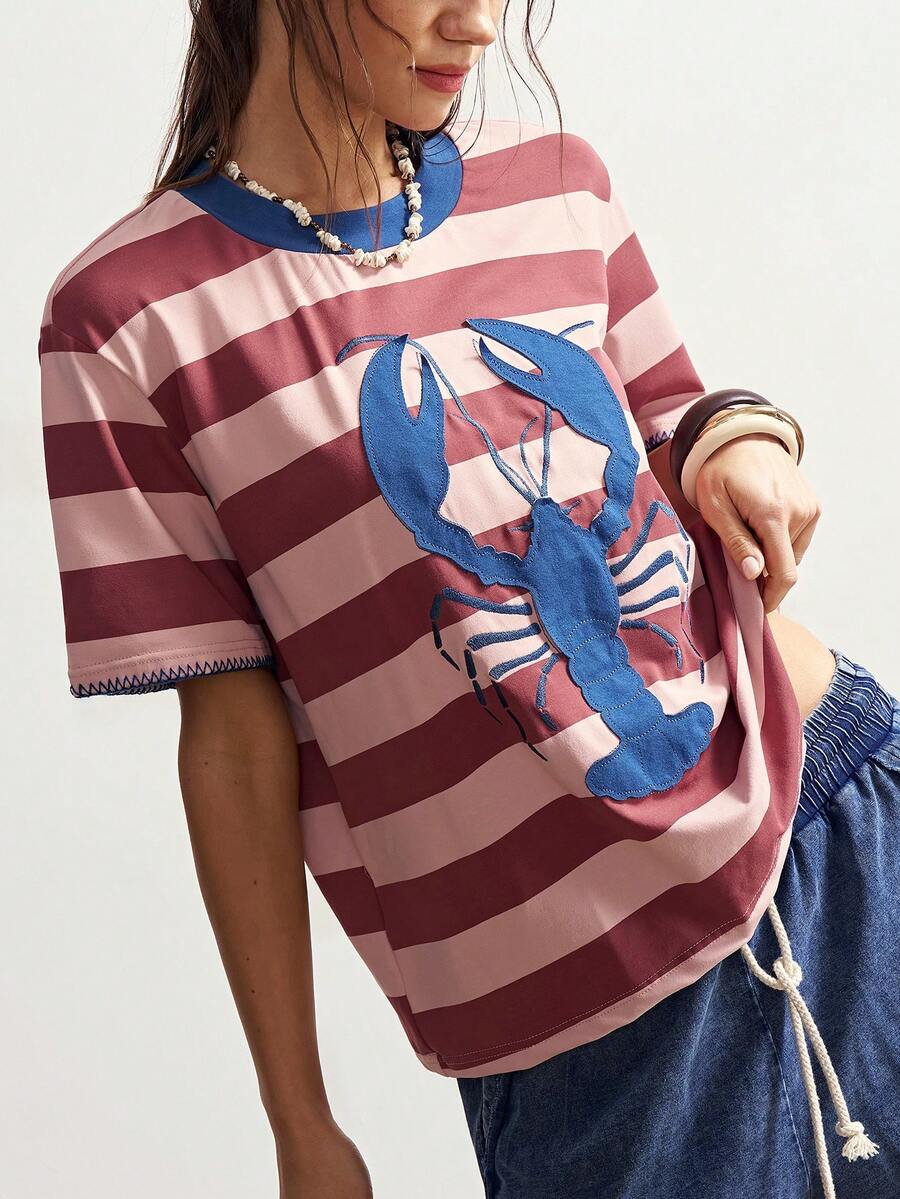 Bohemela 女士休闲条纹针织圆领短袖宽松T恤，夏季趣味图案 - 粉色 - 查看 1