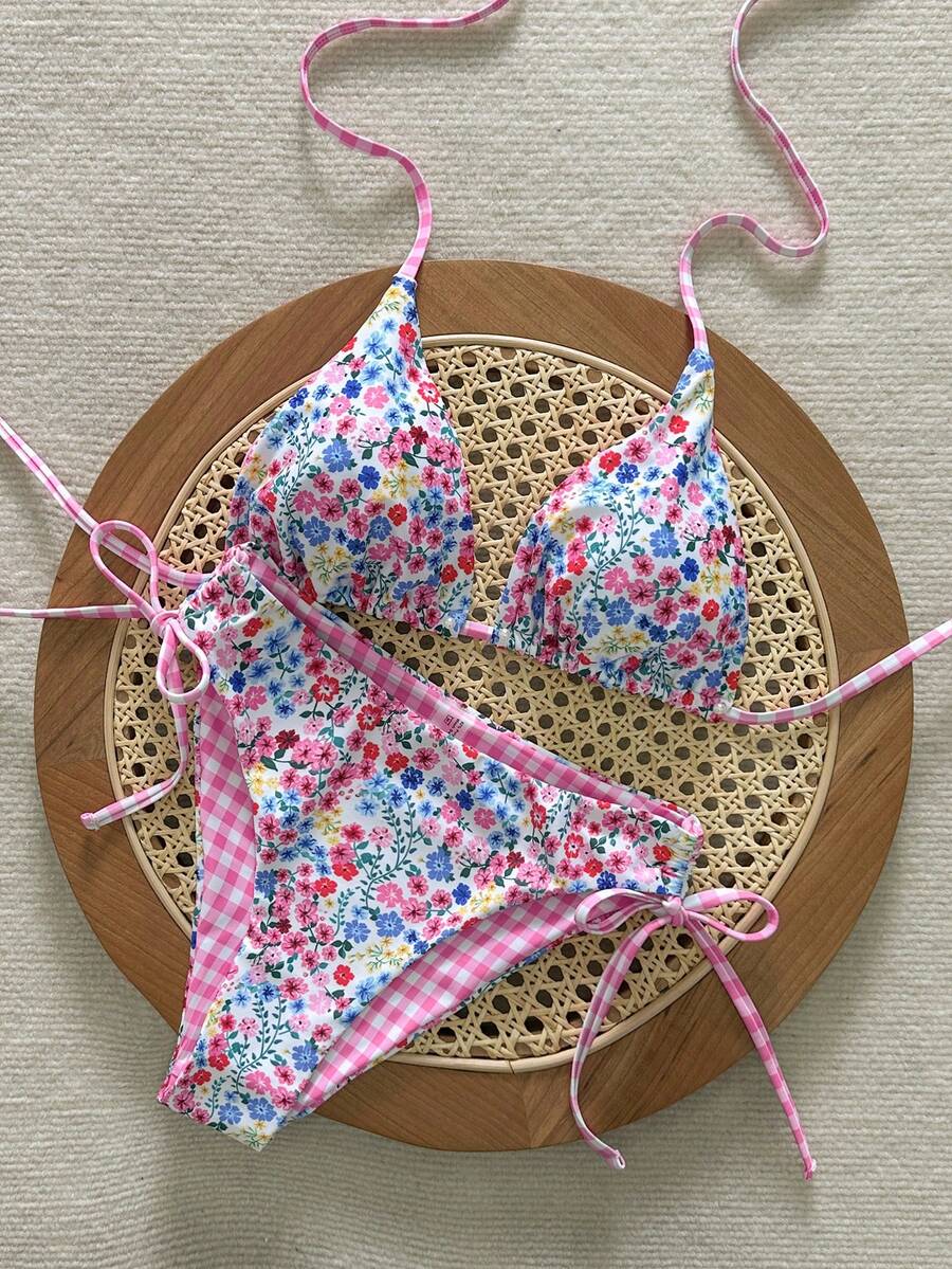 Swim Mod 2件套女士可爱甜美风挂脖上衣和侧系带三角比基尼泳裤套装，夏季 - 彩色 - 查看 1