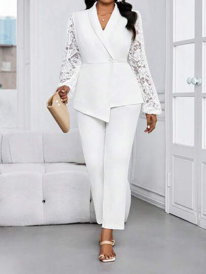 SHEIN Lady Plus Size Women Contrast Lace Long Sleeve Jacket And Pants Elegant Suit Set