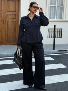 Dazy Plus 时尚条纹翻领长袖紧身短款开衫衬衫，春夏款 - 藏蓝色 - 查看 4