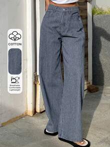 Livesso Women's Loose Casual Straight Leg Jeans, Fashionable Striped Design For Business Casual Office Wear, Spring/Summer - Dark Wash - View 1