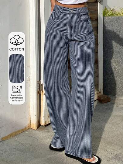 Livesso Women's Loose Casual Straight Leg Jeans, Fashionable Striped Design For Business Casual Office Wear, Spring/Summer