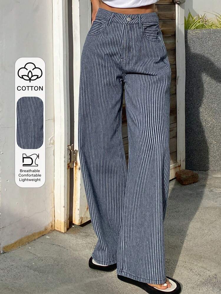 Women's Pocket Button Striped Casual Versatile Daily Wear Jeans