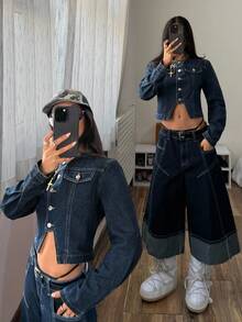 StreetHx 休闲街头风纽扣牛仔长袖上衣 - 中等水洗藍 - 查看 1