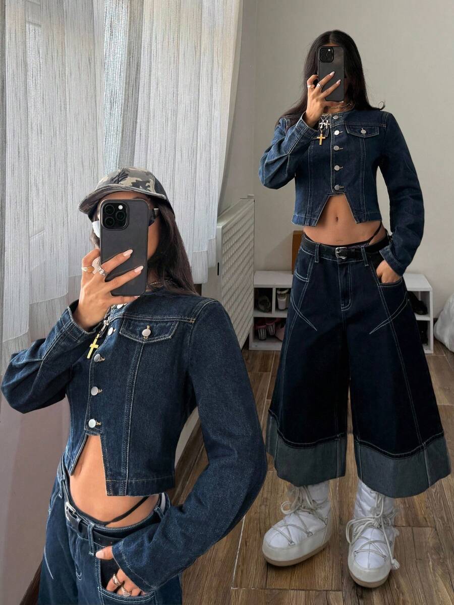 StreetHx 休闲街头风纽扣牛仔长袖上衣 - 中等水洗藍 - 查看 1