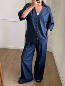 Livesso Women's Casual Denim Shirt Collar Short Sleeve Top And Pants Set - Dark Wash - View 6