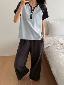 DAZY Casual Contrast Color Raglan Sleeve Loose Women's Pajama Set - Blue - View 5