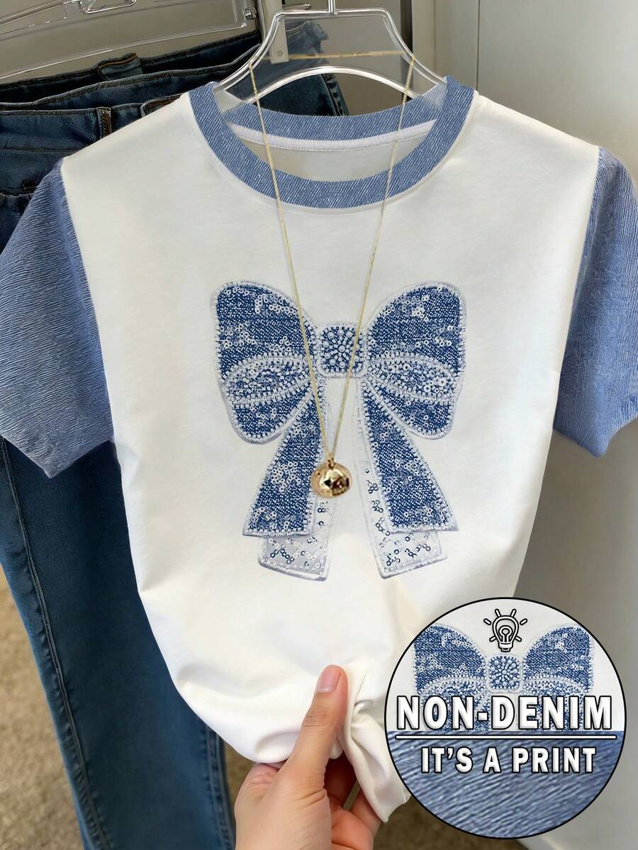 SHEIN 女士复古艺术仿牛仔蝴蝶图案印花圆领短袖休闲上衣,适合户外穿着 - 彩色 - 查看 1