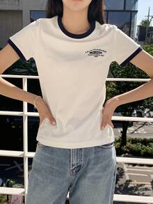 DAZY 標語圖形對比邊條t恤 - 白色 - 查看 5