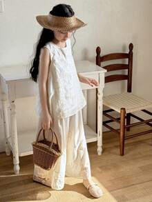 DAZY 少女休闲度假风刺绣纹理宽松无袖上衣和阔腿裤套装，春夏款 - 杏色 - 查看 2