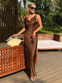 DAZY Solid Color Fitted Backless Tie Waist Elegant Vacation Dress For Women, Spring/Summer Maxi Dress Sundress - Brown - View 4