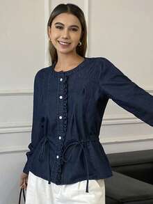 DAZY Women's Loose Cowgirl Style Round Neck Long Sleeve Drawstring Pleated Ruffle Hem Elegant Vintage Denim Blouse, Autumn/Winter - Blue - View 6