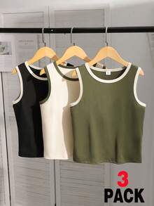 SHEIN 3pcs/Set Girls' Casual Solid Color Round Neck Contrast Trim Fitted Camisole, Suitable For Travel, Vacation, Beach And Outdoor Wear, Spring/Summer - Multicolor - View 1