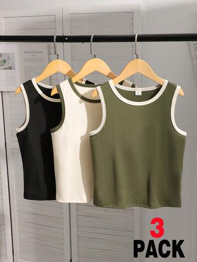 SHEIN 3件套女童休闲纯色圆领撞色滚边修身吊带背心，适合旅行、度假、海滩和户外活动穿着，春夏款