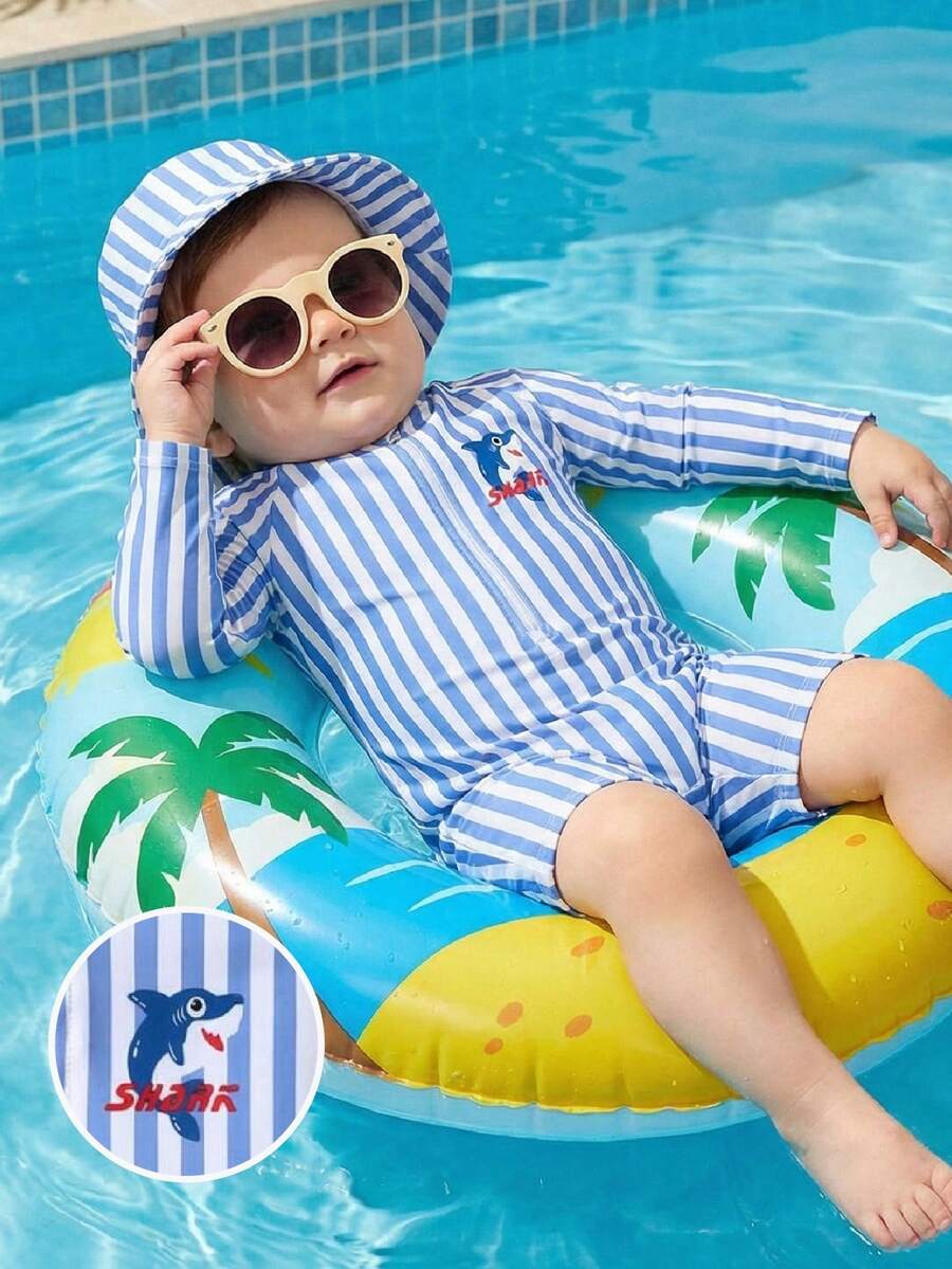 SHEIN 2pcs/Set Unisex Baby Clothes, Baby Boy Summer Casual Vacation Blue & White Striped Shark Print Romper And Hat, Suitable For Beach, Pool, Spa Swimming - Multicolor - View 1