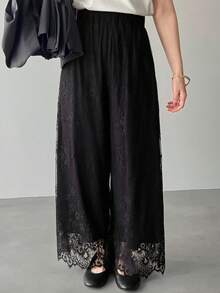 FRIFUL Women's Elastic Waist Full Lace Wide Leg Pants - Black - View 3