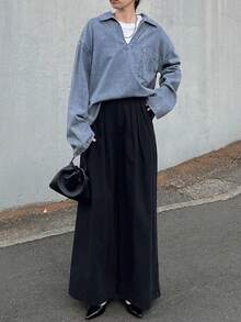 FRIFUL 女士落肩长袖口袋设计宽松休闲牛仔衬衫 - 藍色 - 查看 4