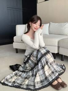 DAZY Women's Retro Plaid Lace Patchwork A-Line High Waist Skirt - Multicolor - View 4