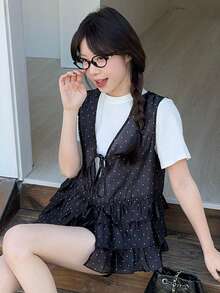 DAZY Women's V-Neck Polka Dot Ruffle Trim Elegant Blouse - Black - View 4