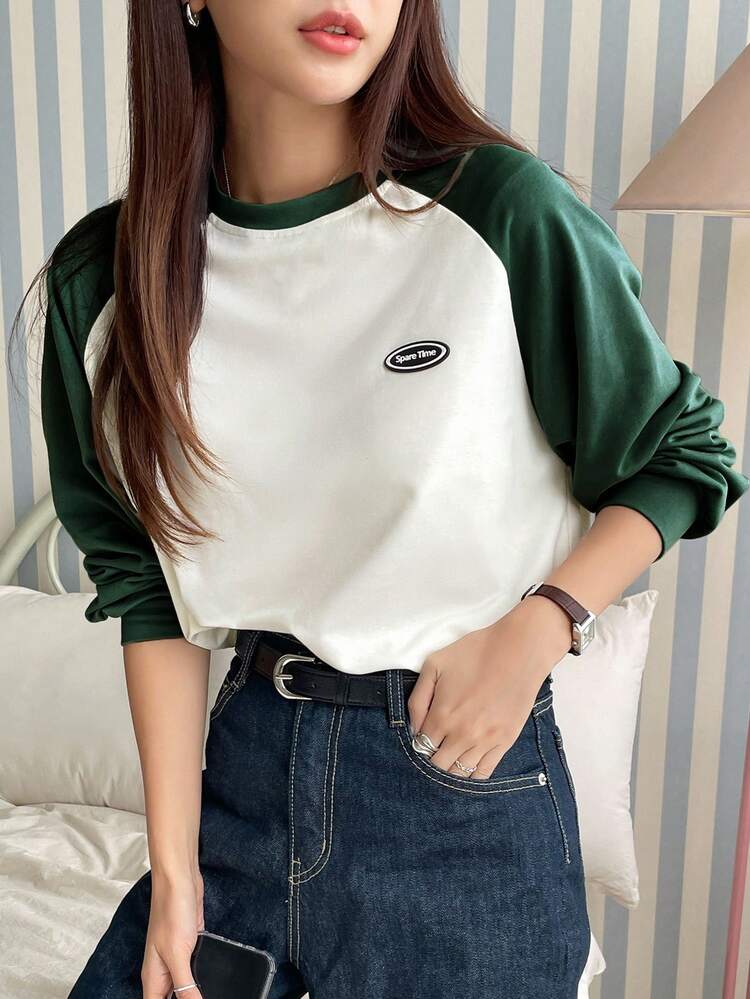 Letter Patched Colorblock Raglan Sleeve Tee,Fall Clothes Long Sleeve Women Tops