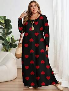 EMERY ROSE Đầm dài tay cổ tròn cỡ lớn in hình trái tim đỏ cổ điển, thích hợp cho ngày Valentine. - Nhiều màu - Xem 5