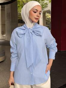 DAZY Women's Elegant Striped Tie Neck Blouse, Spring/Summer - Blue - View 4