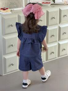 DAZY 女童春夏牛仔风荷叶边无袖上衣短裤两件套 - 藍色 - 查看 8