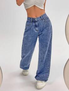Flexra Solid Color Slant Pocket Casual Versatile Straight Leg Jeans - Blue - View 6