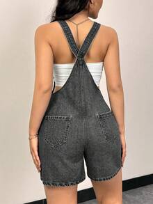 Rivivi Women's Summer Casual Everyday Commute Patchwork Pocket Denim Romper - Grey - View 2