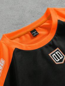 PAVTROS Áo thun nam cổ tròn phối màu tương phản, in chữ, họa tiết, màu đen và cam, phong cách đường phố mùa hè, áo thun nam phong cách retro bóng rổ. - trái cam - Xem 8